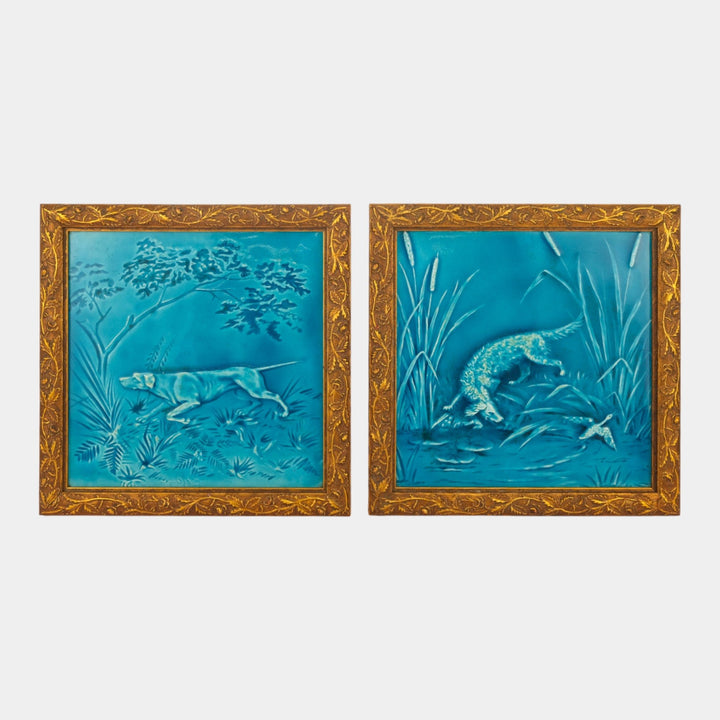 Milton Hollins Co. English Blue Majolica Framed Scenic Hunting Dog Ceramic Tiles