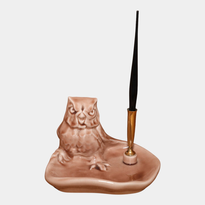 Rookwood Art Pottery 1951 Vintage Light Tan Ceramic Owl Pin Tray And Pen 1084