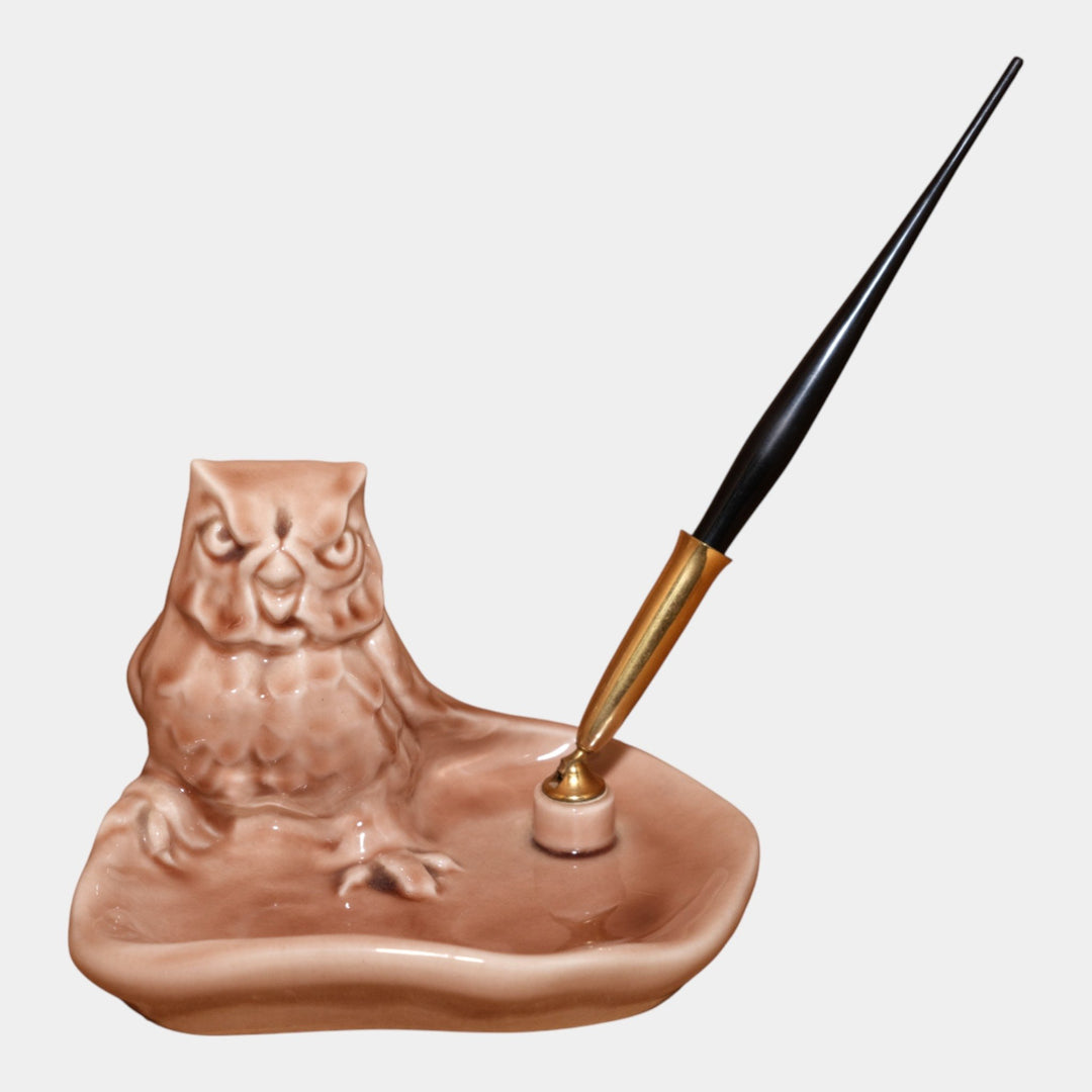 Rookwood Art Pottery 1951 Vintage Light Tan Ceramic Owl Pin Tray And Pen 1084