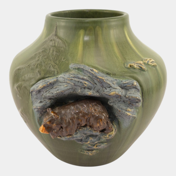 Ephraim Faience 2010 "Mountain Grizzly" Art Pottery Bear In Cave Ceramic Vase