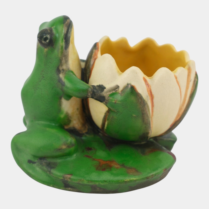 Weller Coppertone 1920s Arts And Crafts Pottery Frog On A Lily Pad Planter