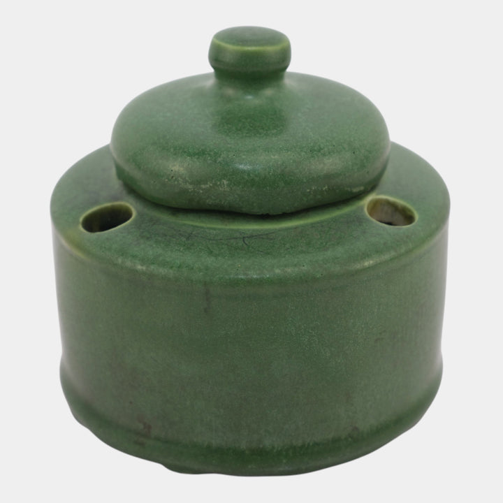 Hampshire Early 1900s Vintage Arts And Crafts Pottery Matte Green Lidded Inkwell