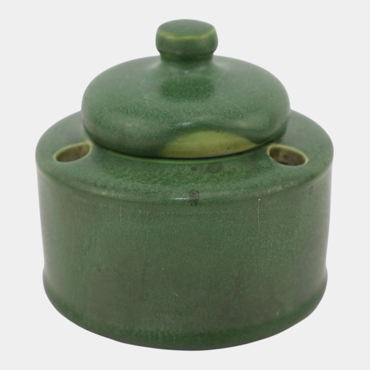 Hampshire Early 1900s Vintage Arts And Crafts Pottery Matte Green Lidded Inkwell