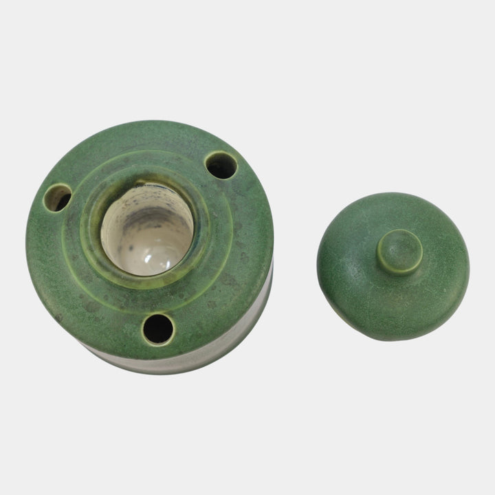 Hampshire Early 1900s Vintage Arts And Crafts Pottery Matte Green Lidded Inkwell