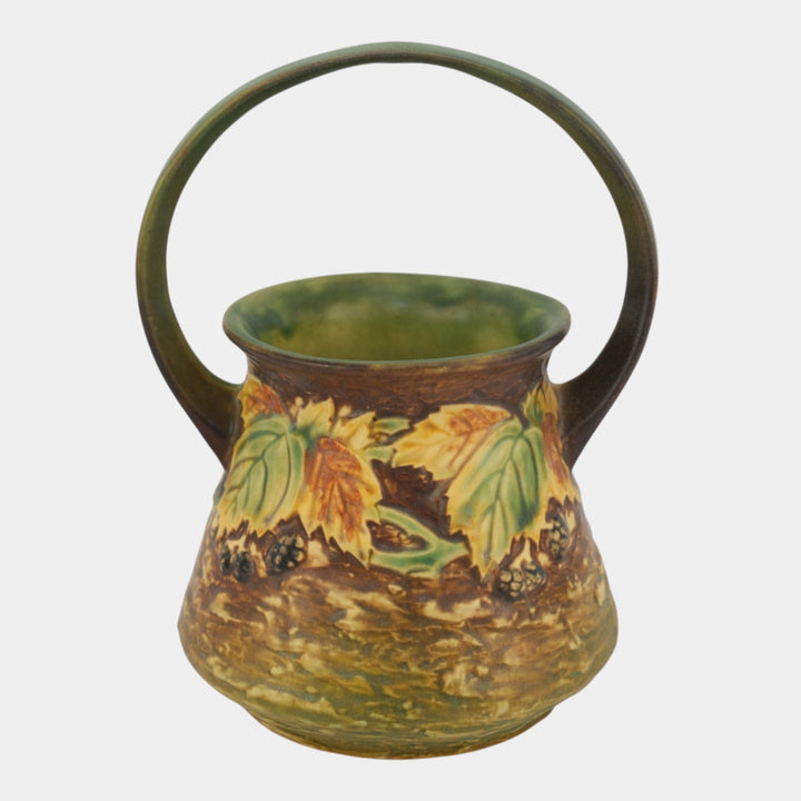 Roseville Blackberry 1932 Vintage Art Pottery Green Ceramic Basket 336-8