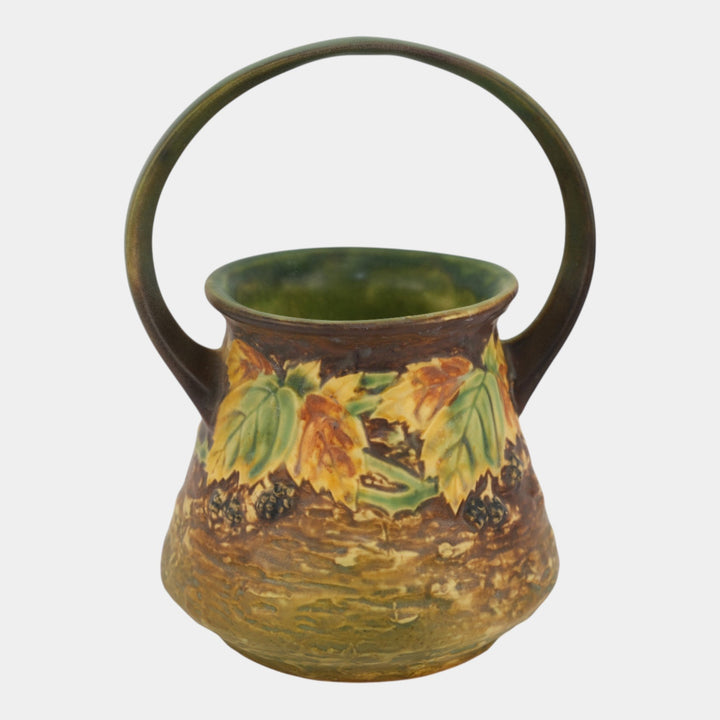 Roseville Blackberry 1932 Vintage Art Pottery Green Ceramic Basket 336-8