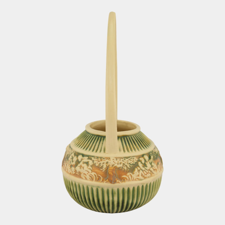 Roseville Donatello 1916 Vintage Art Pottery Green Brown Ceramic Basket 305-14