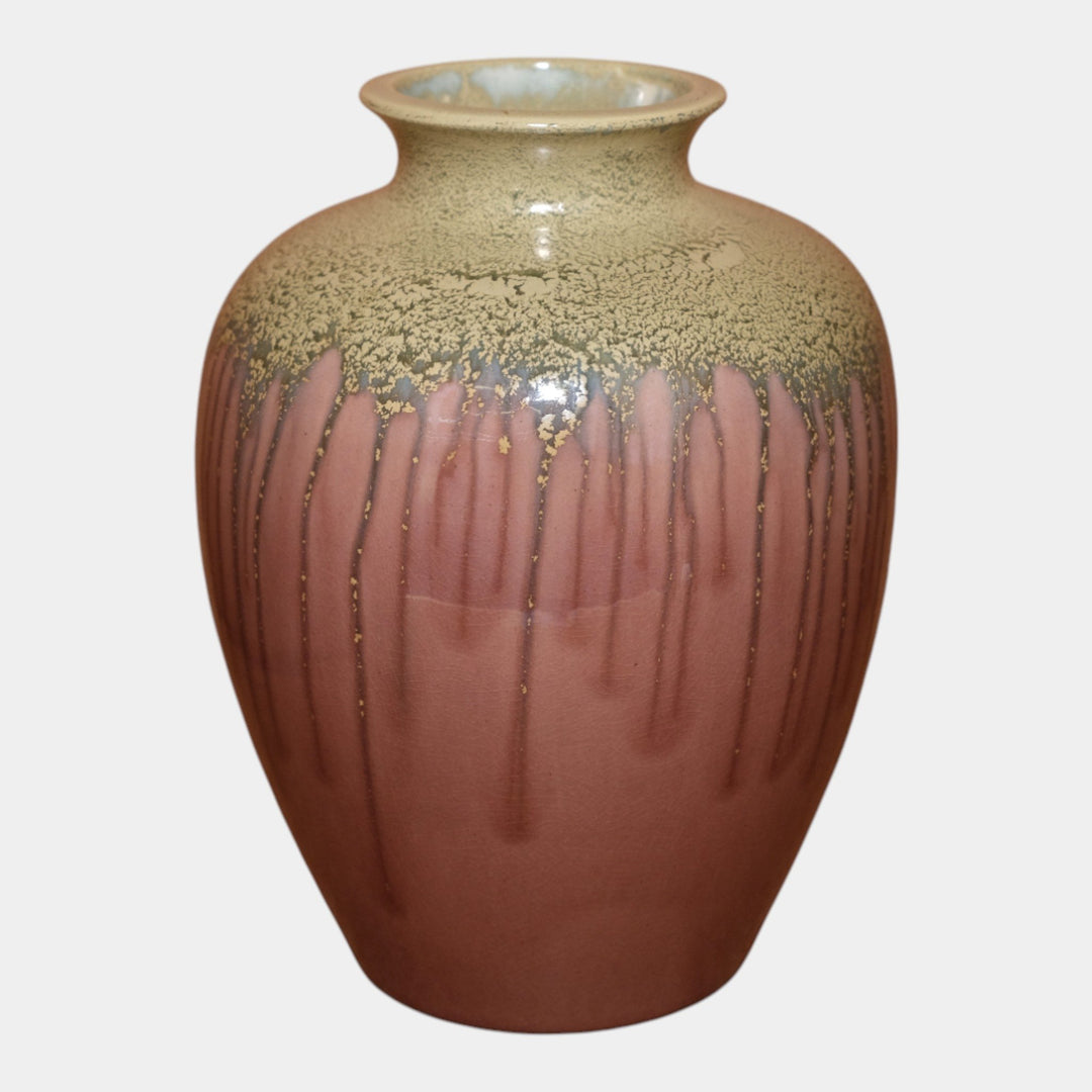 Awaji Japanese Art Pottery Ceramic Mottled Green Purple Drip Glaze Vase - Just Art Pottery