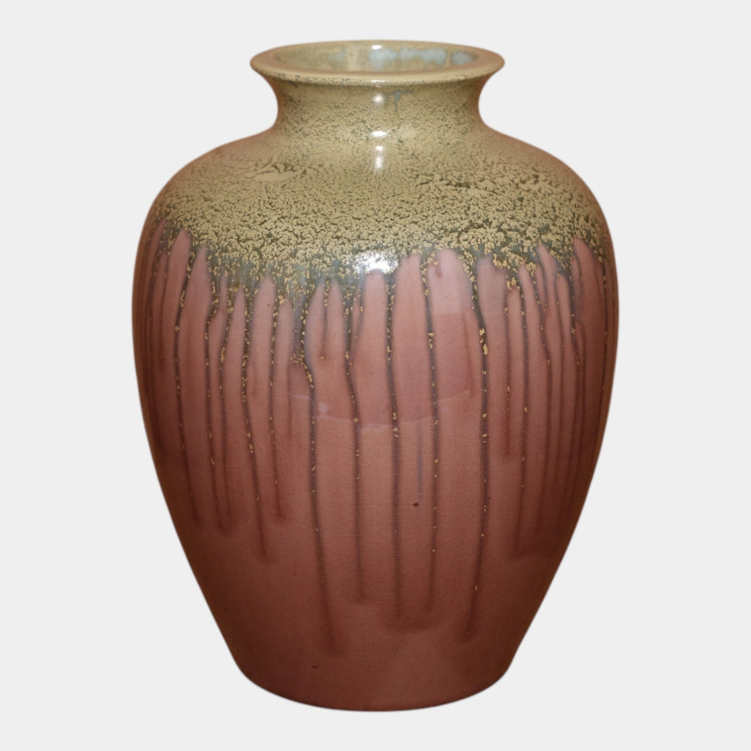 Awaji Japanese Art Pottery Ceramic Mottled Green Purple Drip Glaze Vase - Just Art Pottery