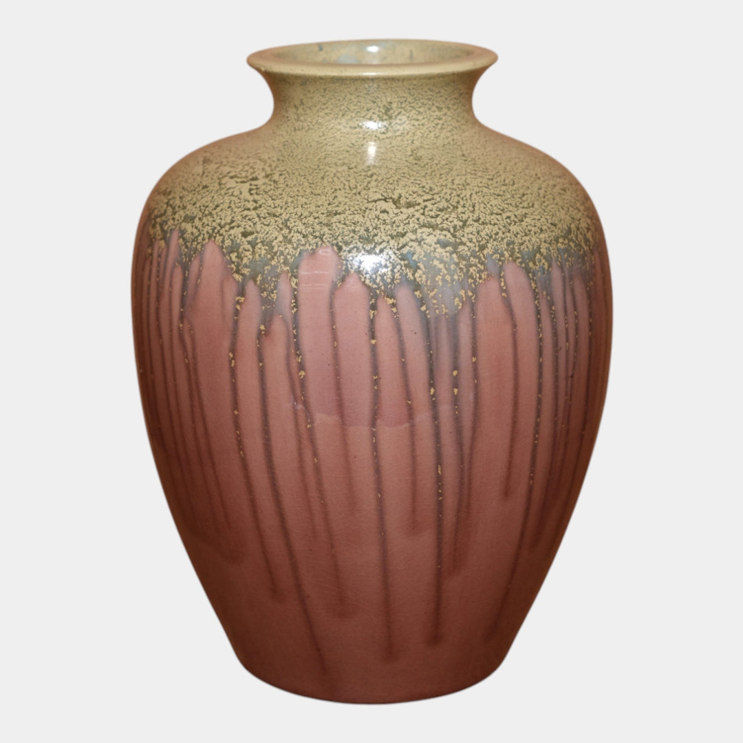 Awaji Japanese Art Pottery Ceramic Mottled Green Purple Drip Glaze Vase - Just Art Pottery