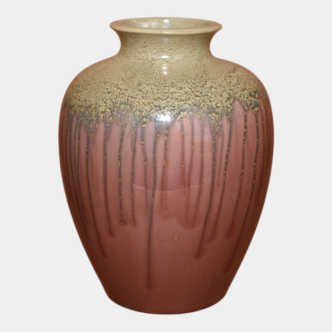 Awaji Japanese Art Pottery Ceramic Mottled Green Purple Drip Glaze Vase - Just Art Pottery