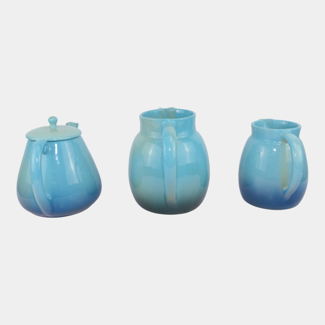 Roseville Utility Ware Blue Mid Century Modern Pitchers And Lidded Teapot