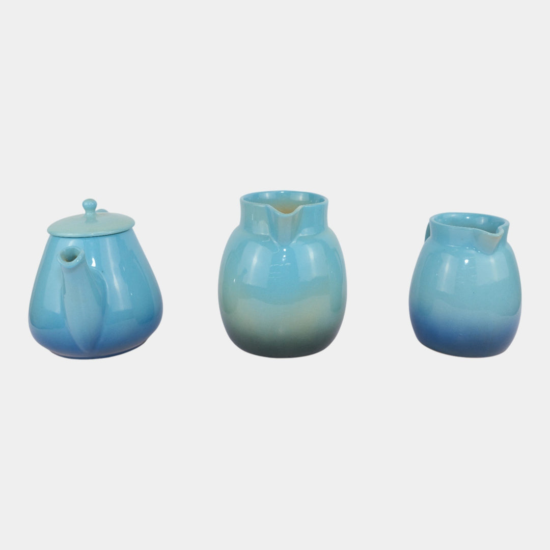 Roseville Utility Ware Blue Mid Century Modern Pitchers And Lidded Teapot
