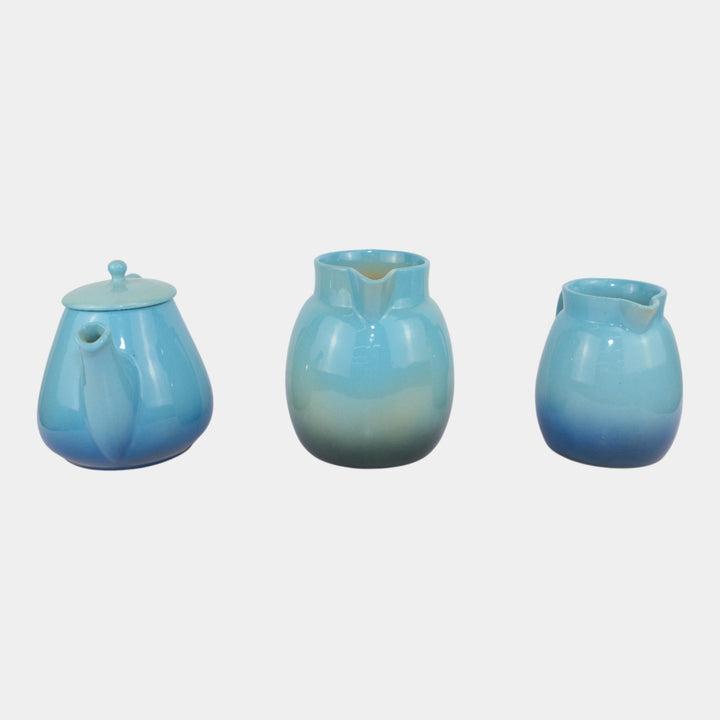 Roseville Utility Ware Blue Mid Century Modern Pitchers And Lidded Teapot