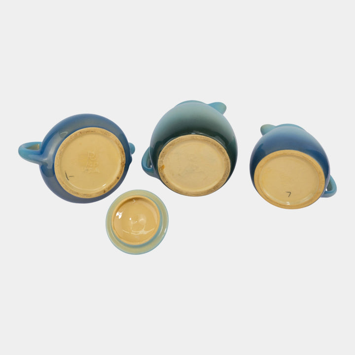 Roseville Utility Ware Blue Mid Century Modern Pitchers And Lidded Teapot