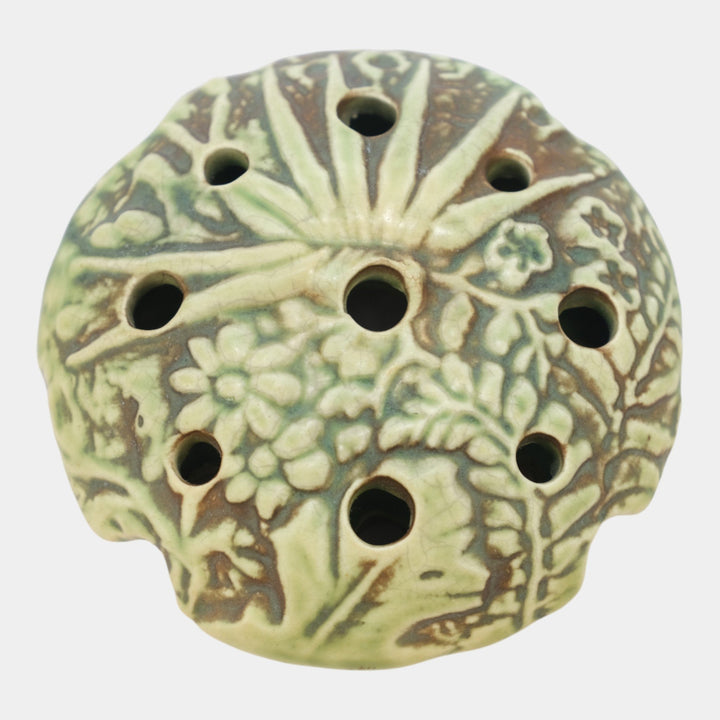 Weller Marvo 1920s Vintage Art Pottery Green Brown Ceramic Flower Frog