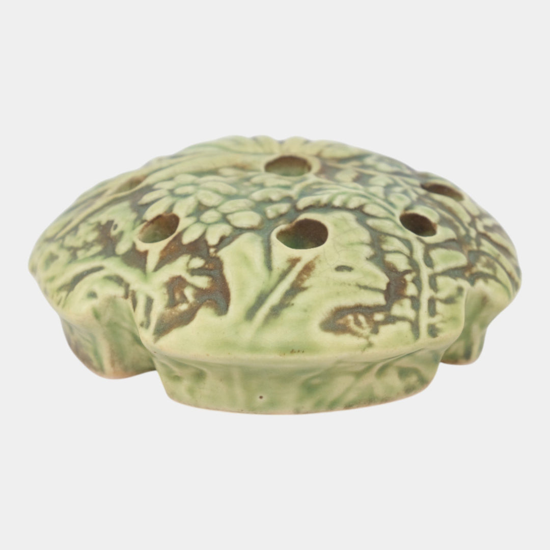 Weller Marvo 1920s Vintage Art Pottery Green Brown Ceramic Flower Frog