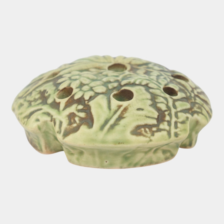 Weller Marvo 1920s Vintage Art Pottery Green Brown Ceramic Flower Frog