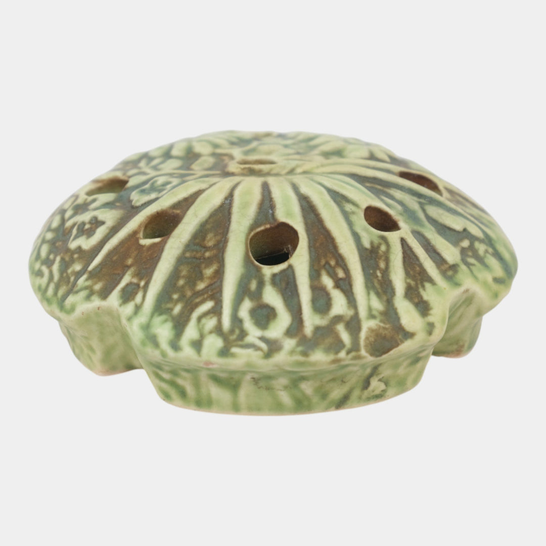 Weller Marvo 1920s Vintage Art Pottery Green Brown Ceramic Flower Frog