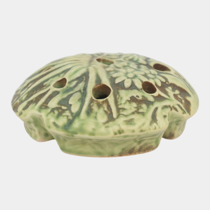 Weller Marvo 1920s Vintage Art Pottery Green Brown Ceramic Flower Frog