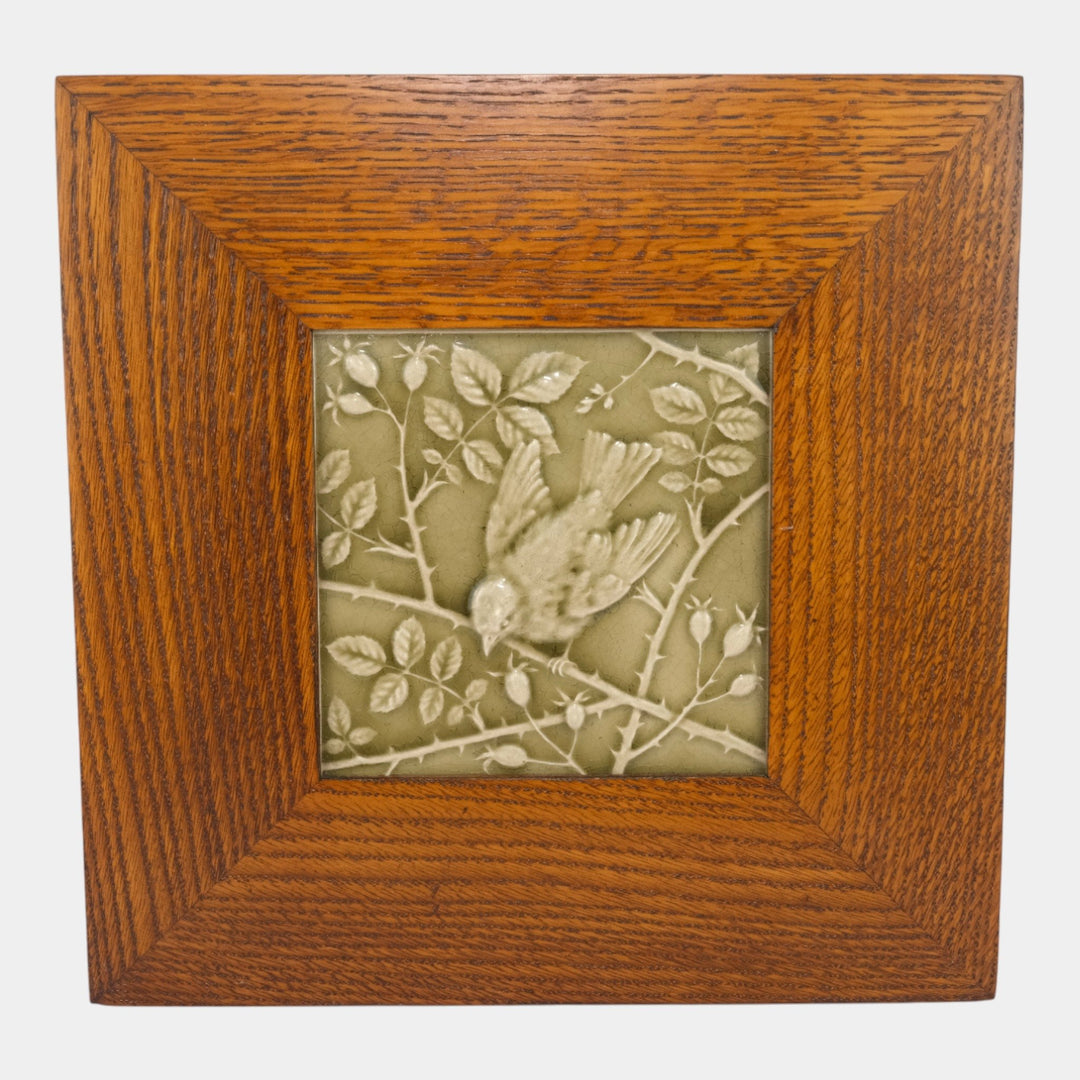 Minton Late 19th Century English Art Pottery Green Bird On Branch Framed Tile