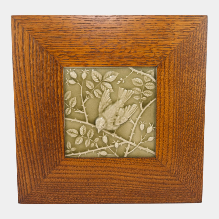 Minton Late 19th Century English Art Pottery Green Bird On Branch Framed Tile