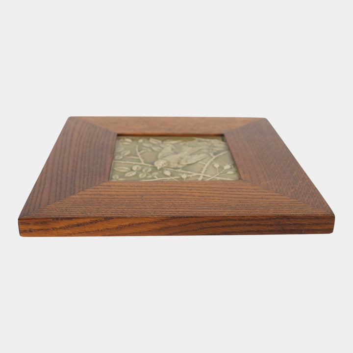 Minton Late 19th Century English Art Pottery Green Bird On Branch Framed Tile