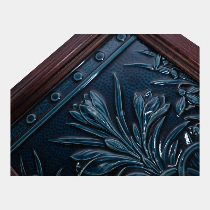 Minton Hollins English Art Pottery Framed Cobalt Blue Floral Border Tile