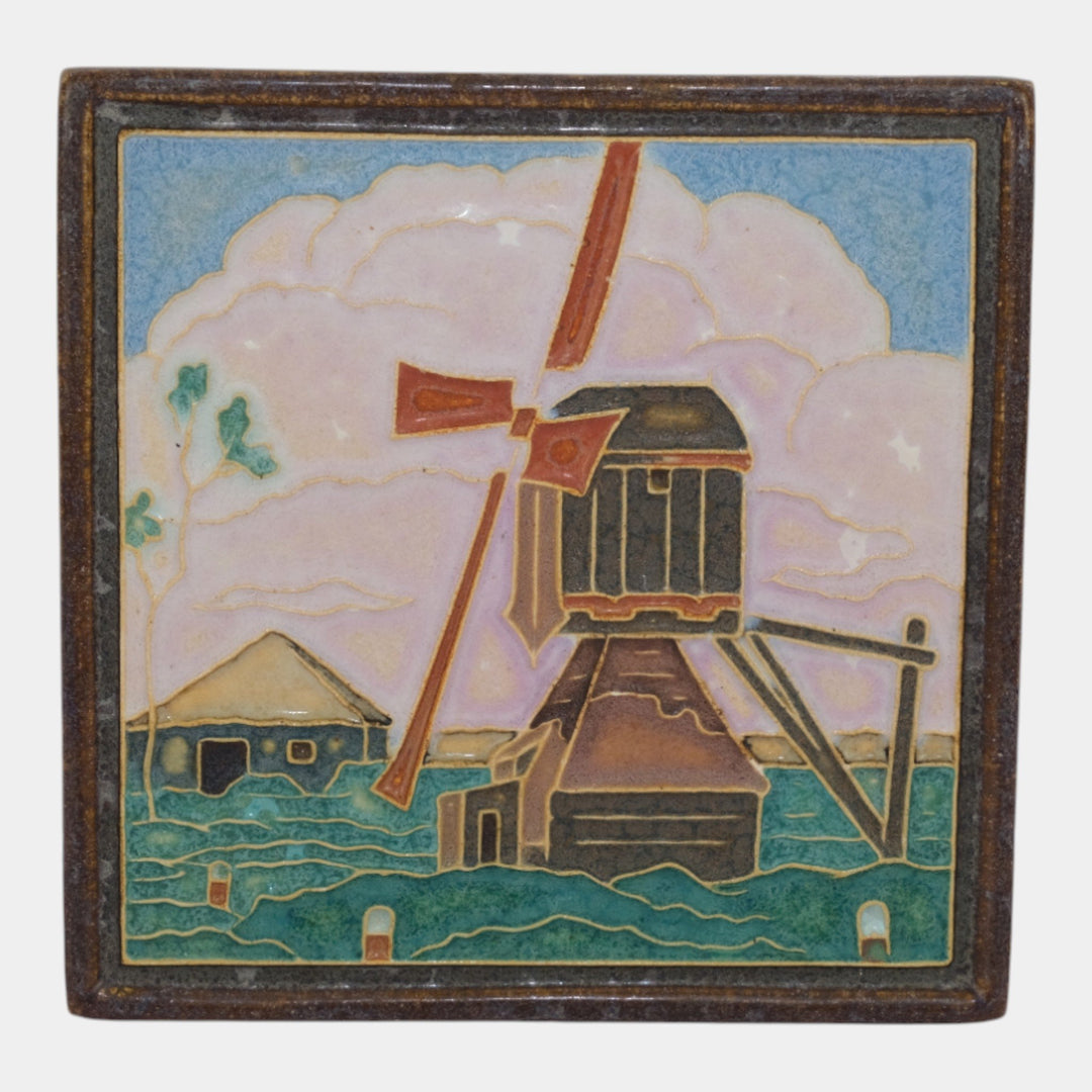 Delft De Porceleyne Fles Holland Waterside Windmill Framed Scenic Landscape Tile - Just Art Pottery