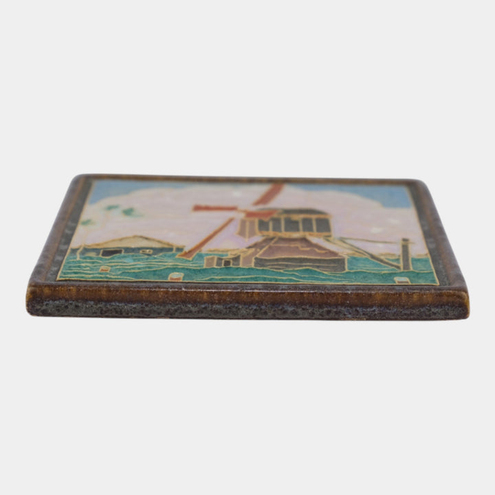 Delft De Porceleyne Fles Holland Waterside Windmill Framed Scenic Landscape Tile - Just Art Pottery