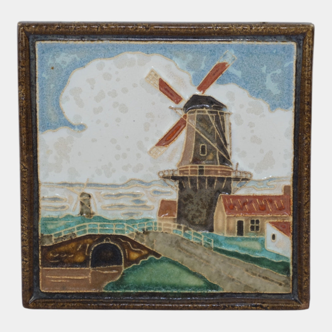 Delft De Porceleyne Fles Holland Waterside Windmill Framed Scenic Landscape Tile - Just Art Pottery