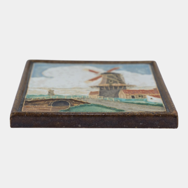 Delft De Porceleyne Fles Holland Waterside Windmill Framed Scenic Landscape Tile - Just Art Pottery