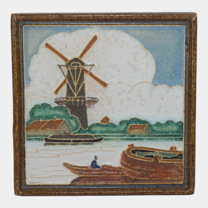 Delft De Porceleyne Fles Holland Waterside Windmill Cloisonne Scenic Tile - Just Art Pottery