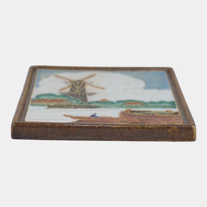 Delft De Porceleyne Fles Holland Waterside Windmill Cloisonne Scenic Tile - Just Art Pottery