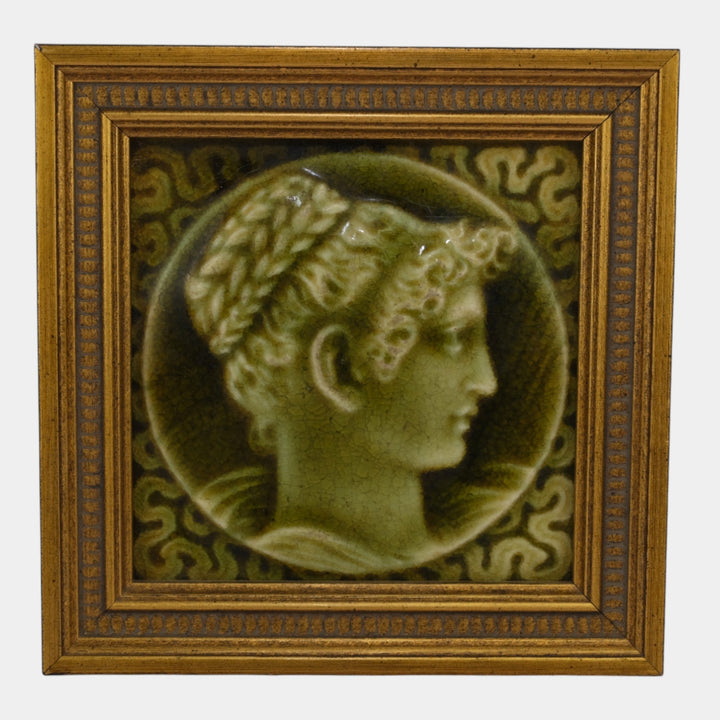 Providential Tile Works Art Pottery Green Majolica Portrait Framed Ceramic Tile