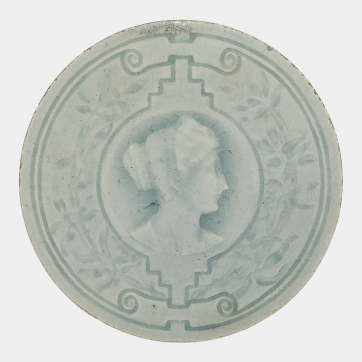 J And JG Low Art Tile Works Art Pottery Light Blue Portrait Round Ceramic Tile