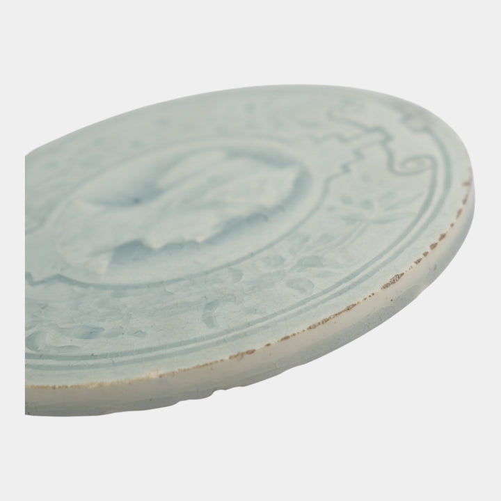 J And JG Low Art Tile Works Art Pottery Light Blue Portrait Round Ceramic Tile