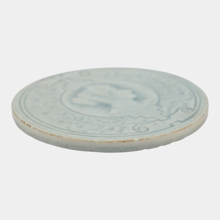J And JG Low Art Tile Works Art Pottery Light Blue Portrait Round Ceramic Tile