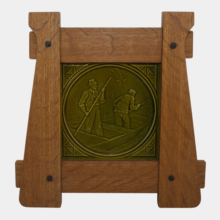 Minton Hollins Late 1800s English Green Majolica Fishermen Framed Tile