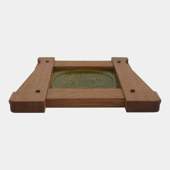 Minton Hollins Late 1800s English Green Majolica Fishermen Framed Tile