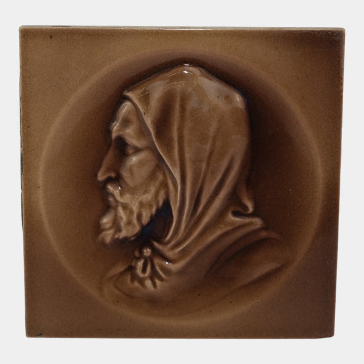 Kensington Art Tile Co 1880s Brown Majolica Old Man Portrait Ceramic Tile