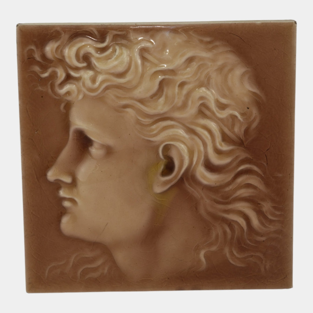 Kensington Art Tile Co. 1880s Art Pottery Brown Majolica Young Man Portrait Tile