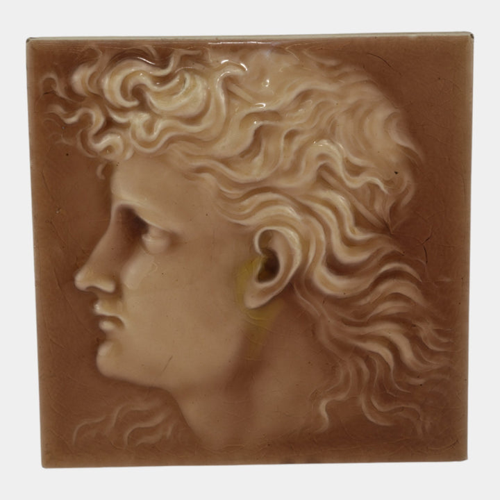 Kensington Art Tile Co. 1880s Art Pottery Brown Majolica Young Man Portrait Tile