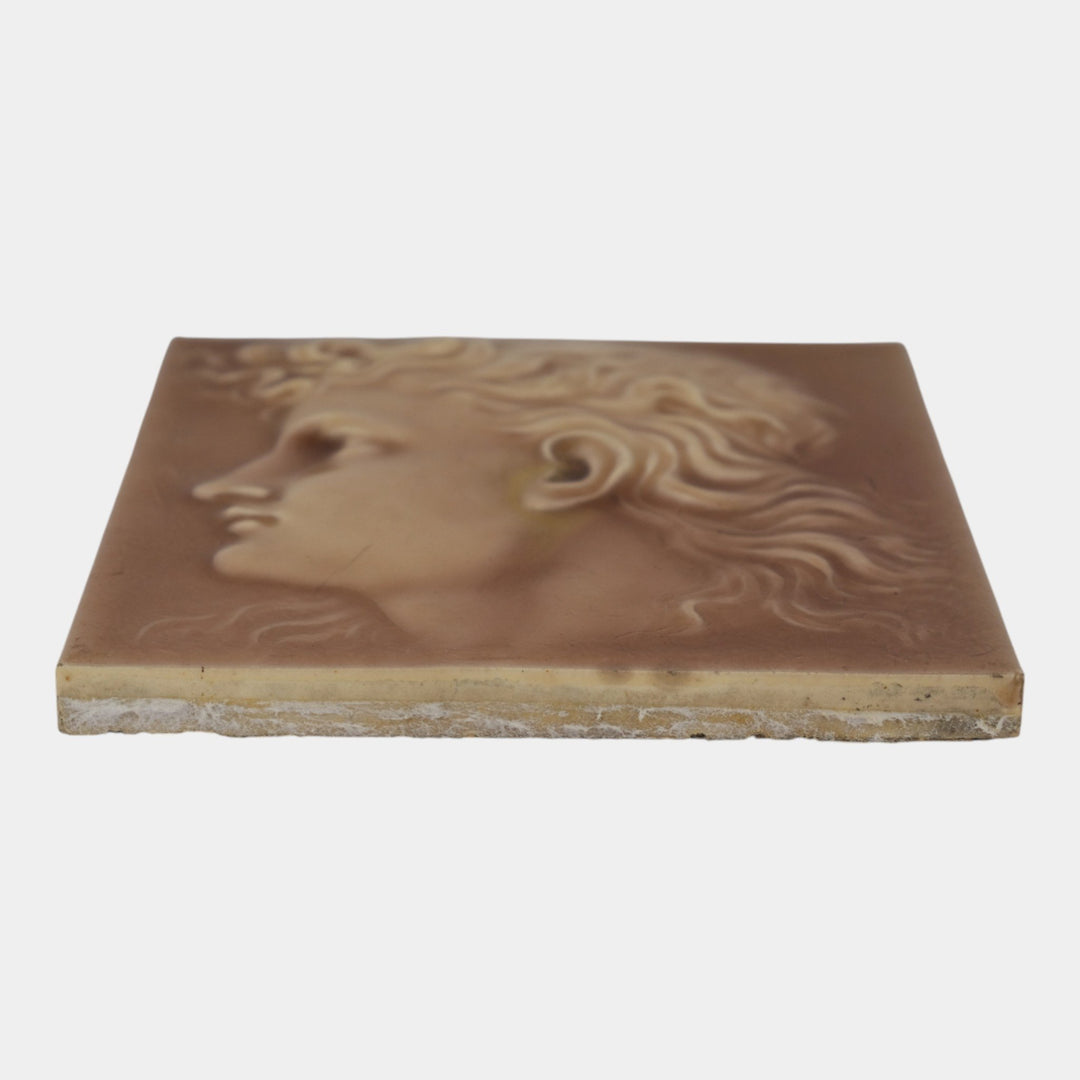 Kensington Art Tile Co. 1880s Art Pottery Brown Majolica Young Man Portrait Tile