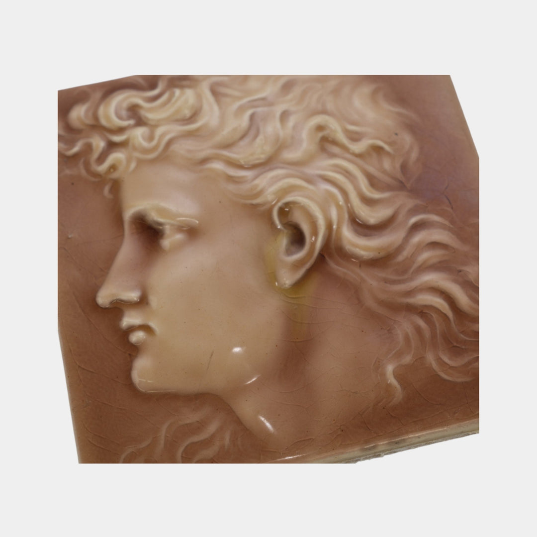 Kensington Art Tile Co. 1880s Art Pottery Brown Majolica Young Man Portrait Tile