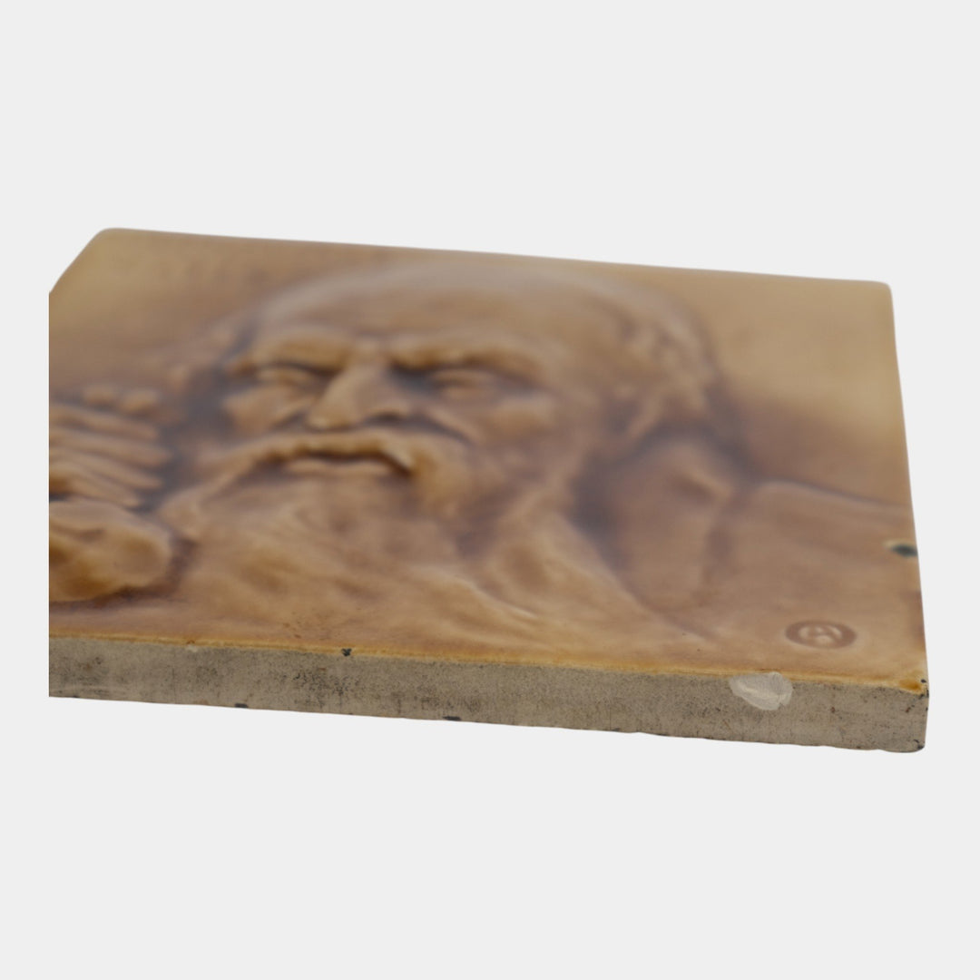 J And JG Low Art Tile Works Art Pottery Brown Majolica Old Man Portrait Tile