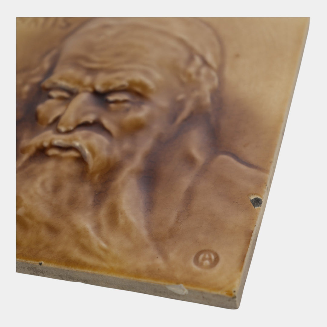 J And JG Low Art Tile Works Art Pottery Brown Majolica Old Man Portrait Tile