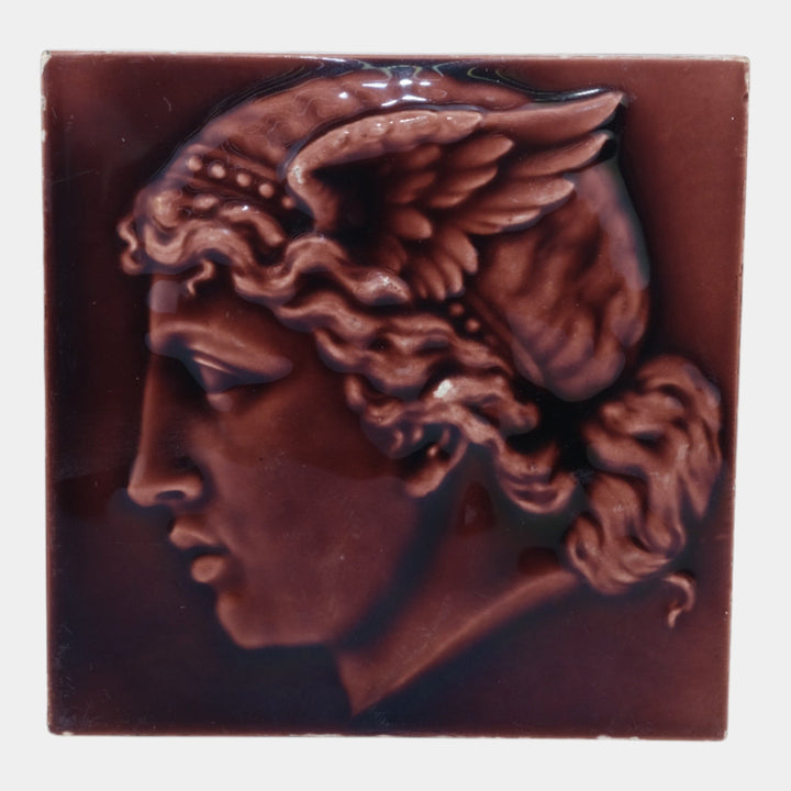 Minton Tiles Stoke On Trent 19th C. Red Majolica Mercury Portrait Ceramic Tile