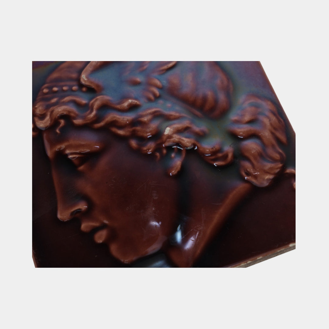 Minton Tiles Stoke On Trent 19th C. Red Majolica Mercury Portrait Ceramic Tile