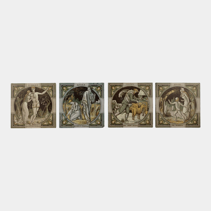 Minton China Works 1880s English Art Pottery Four Seasons Art Nouveau Tile Set